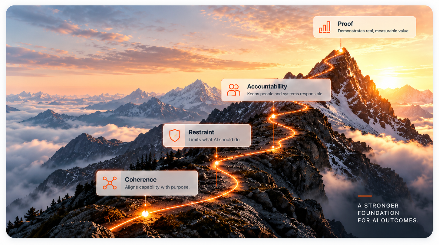A mountain path illustrating coherence, restraint, accountability and proof as the foundation for measurable AI outcomes.